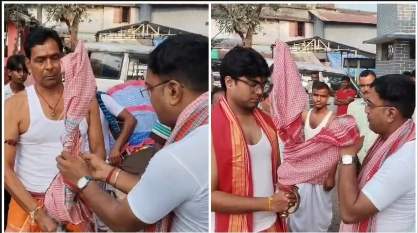 তরবারির গায়ে গামছা জড়িয়ে শান্তির বার্তা ওসি-র, বান্দোয়ানের দুর্গাপুজোয় ৯০ বছরের ঐতিহ্য